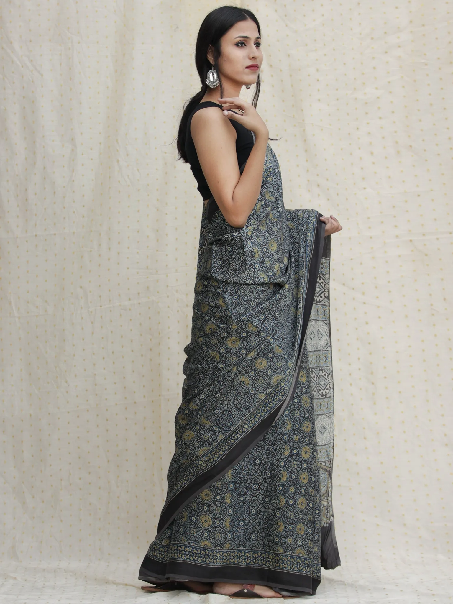 Black Indigo Olive Green Ajrakh Hand Block Printed Modal Silk Saree - S031704129