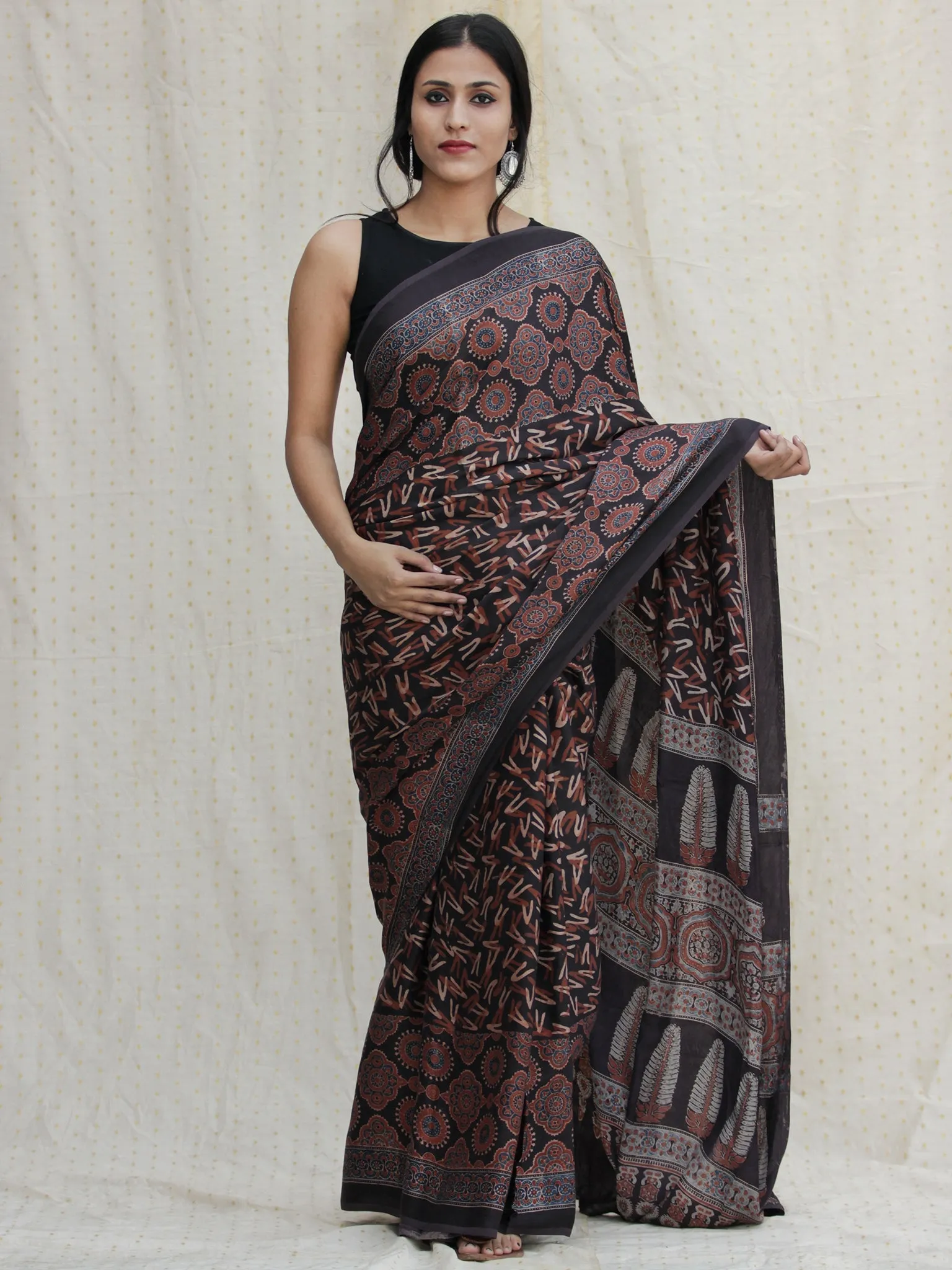 Black Red Ivory Indigo Ajrakh Hand Block Printed Modal Silk Saree - S031704133