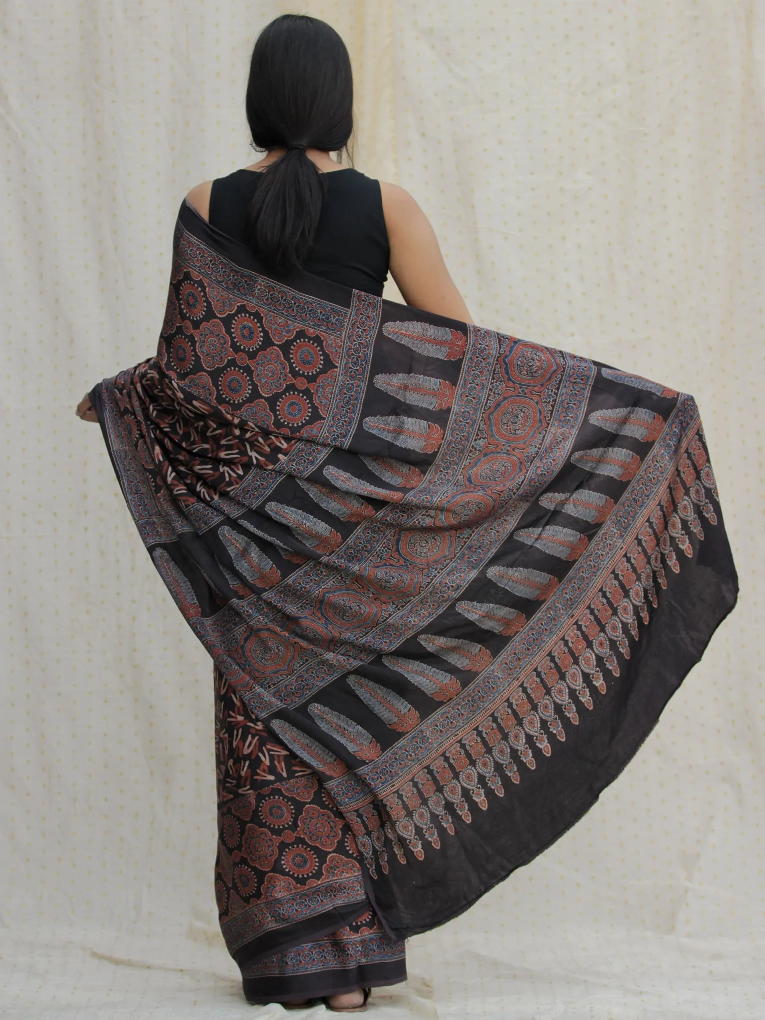 Black Red Ivory Indigo Ajrakh Hand Block Printed Modal Silk Saree - S031704133