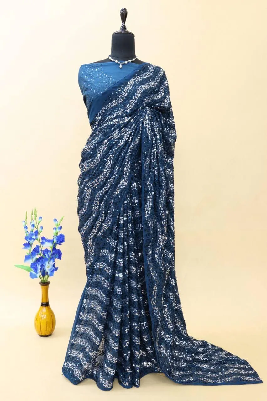 Blue Georgette All Over Luxury Sequins Saree