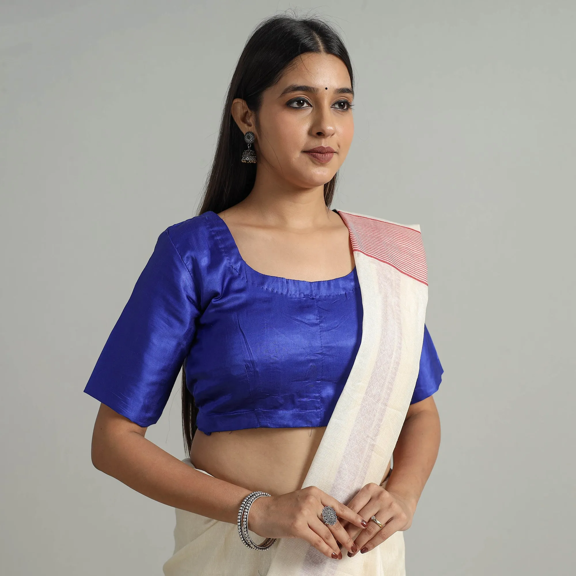 Blue - Modal Silk Plain Stitched Blouse 02