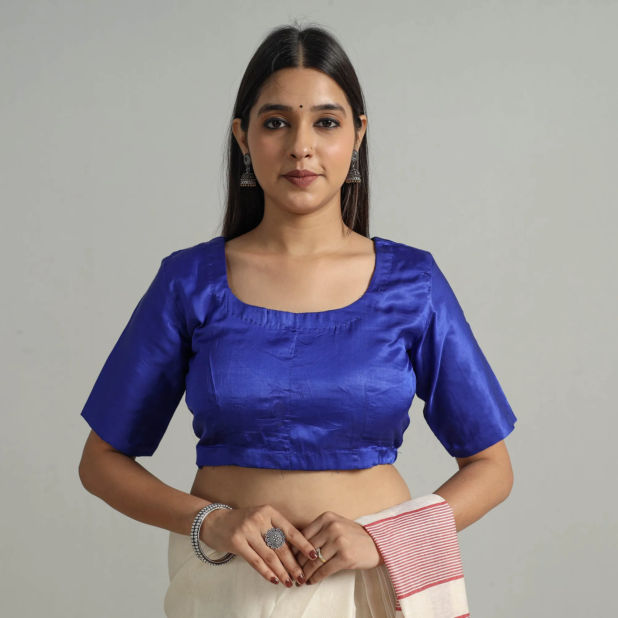 Blue - Modal Silk Plain Stitched Blouse 02