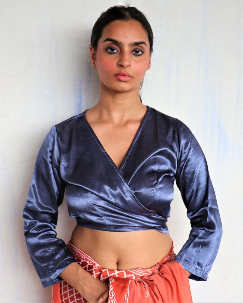 Bluish Grey Tie-Up Mashru Silk Blouse-Sahar