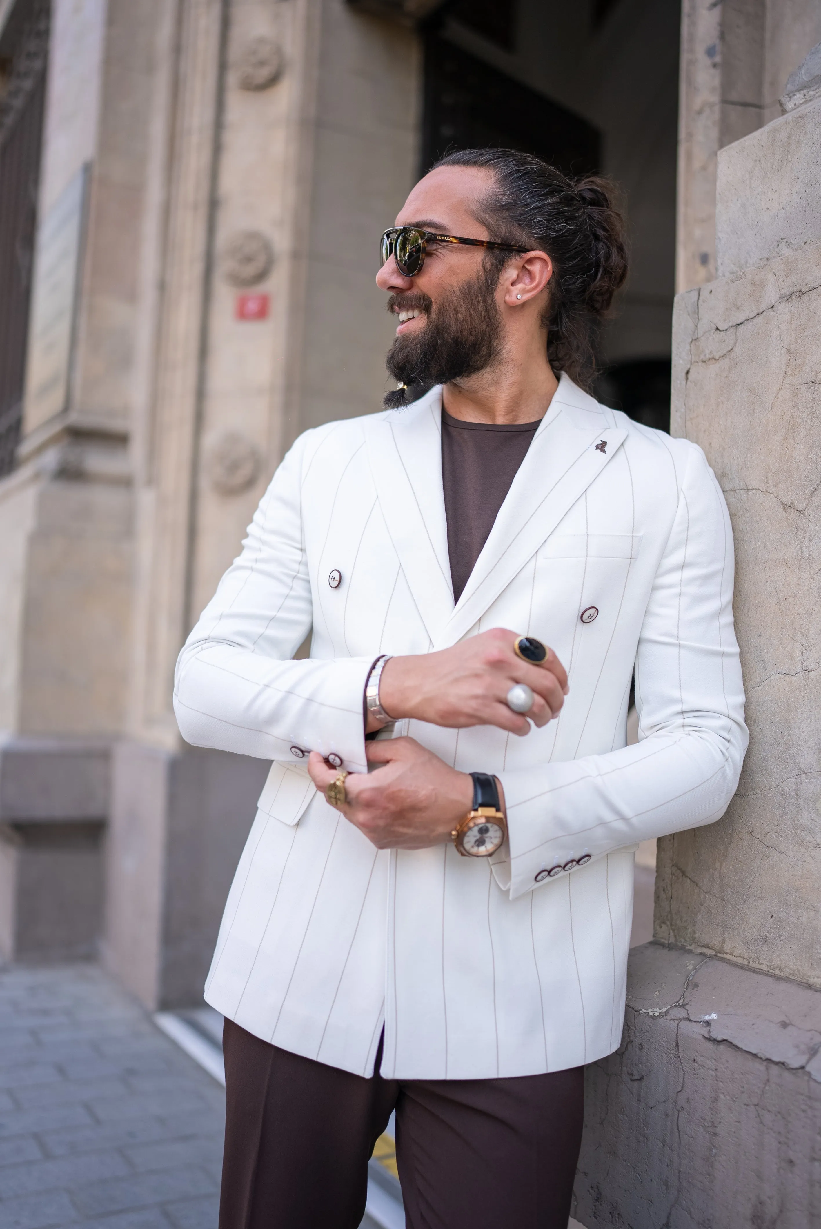 Brabion Noah White Slim Fit Double Breasted Striped Blazer