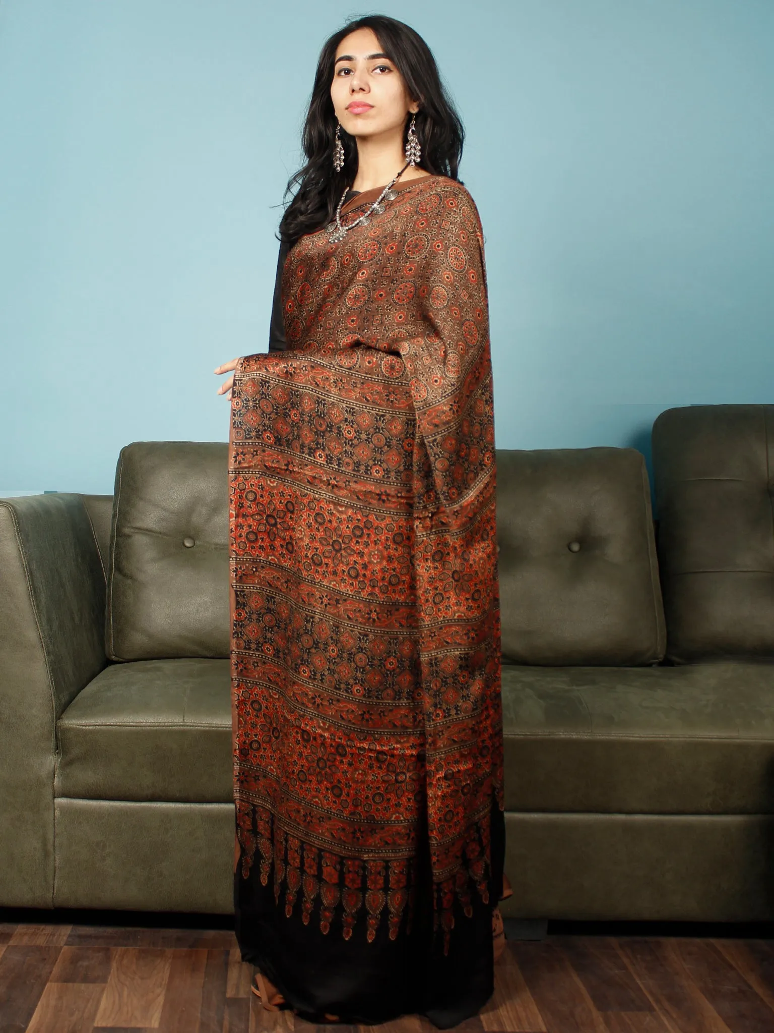 Brown Rust Black Ajrakh Hand Block Printed Modal Silk Saree in Natural Colors - S031703365