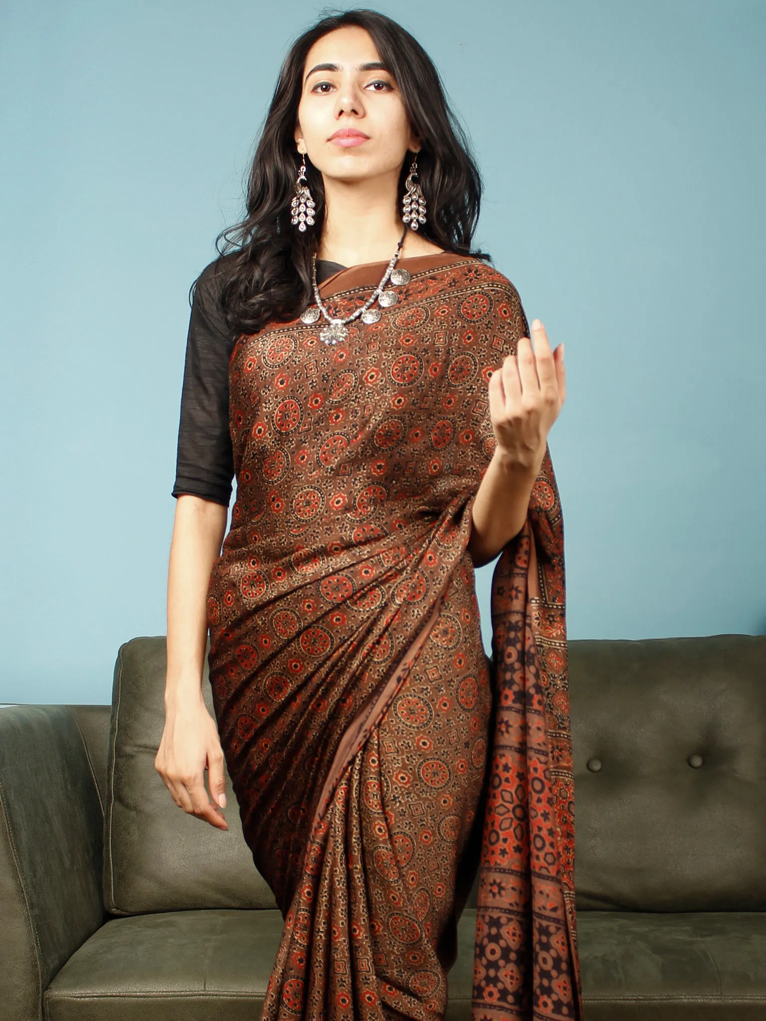 Brown Rust Black Ajrakh Hand Block Printed Modal Silk Saree in Natural Colors - S031703365