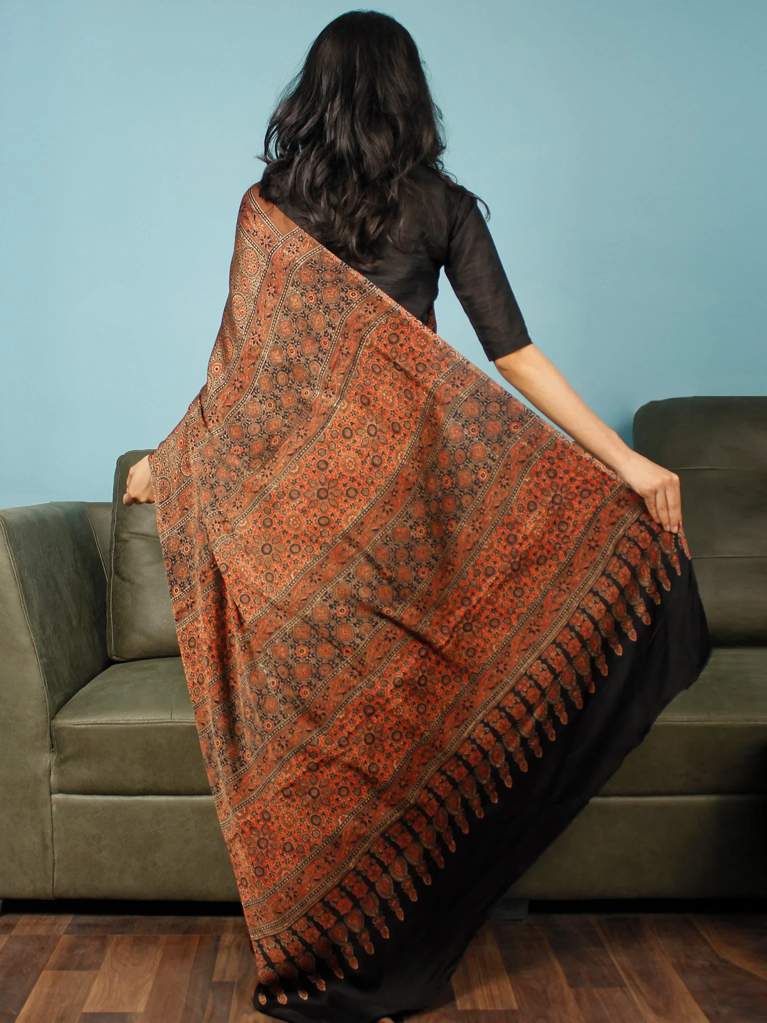 Brown Rust Black Ajrakh Hand Block Printed Modal Silk Saree in Natural Colors - S031703365