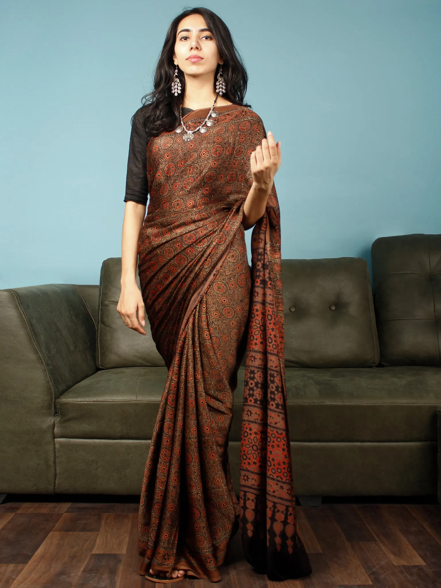 Brown Rust Black Ajrakh Hand Block Printed Modal Silk Saree in Natural Colors - S031703365