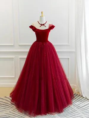 Burgundy Round Neck Tulle Lace Long Prom Dress Burgundy Evening Dress