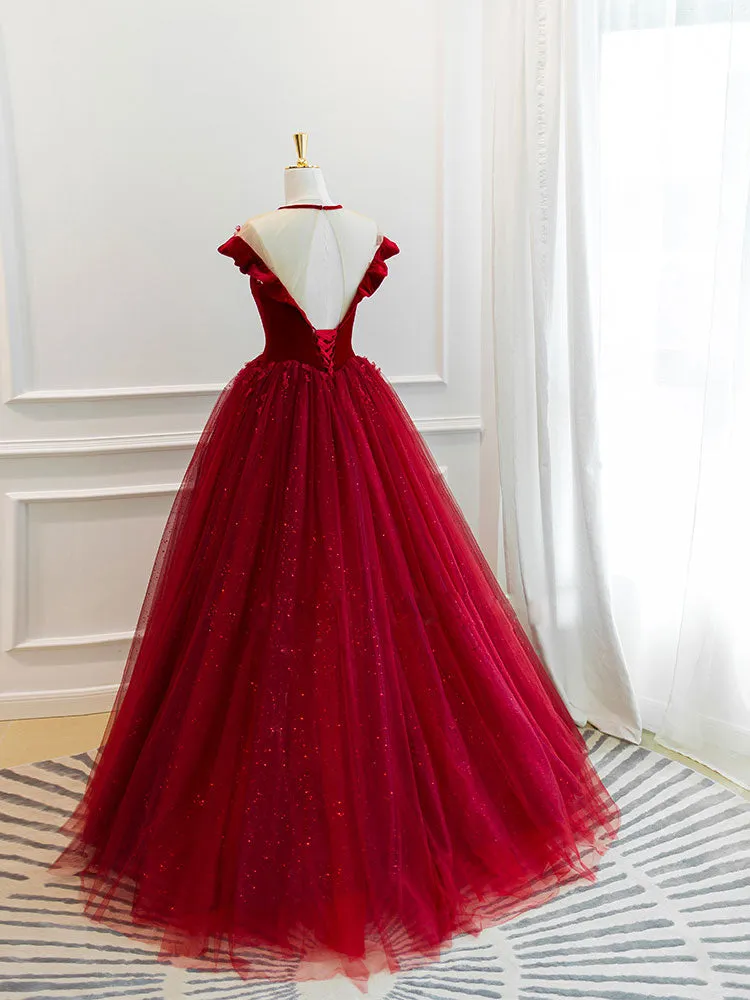 Burgundy Round Neck Tulle Lace Long Prom Dress Burgundy Evening Dress