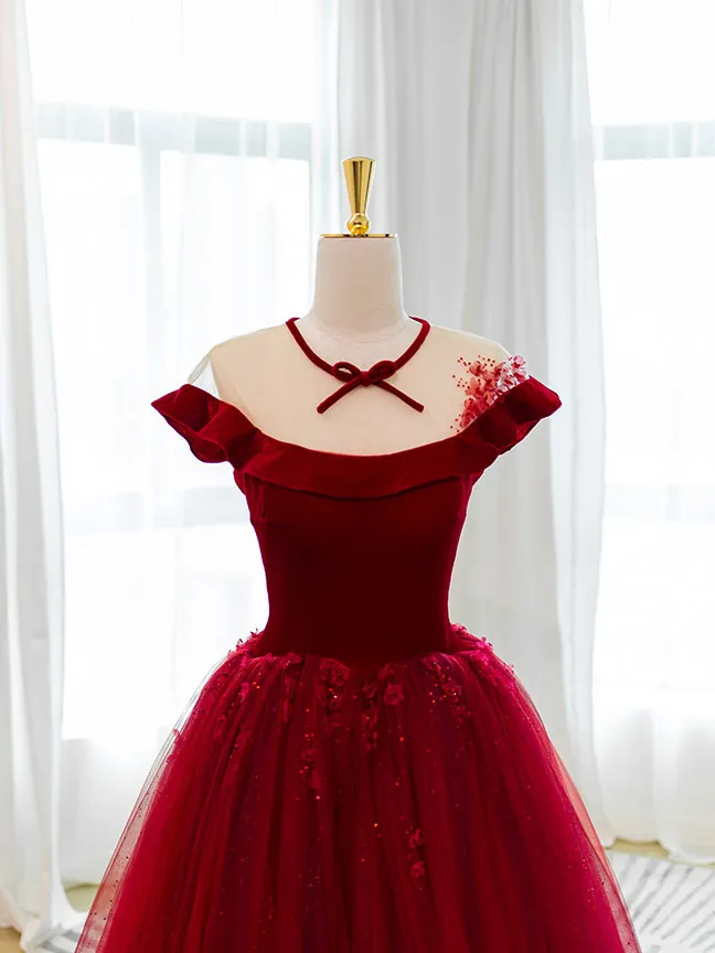 Burgundy Round Neck Tulle Lace Long Prom Dress Burgundy Evening Dress