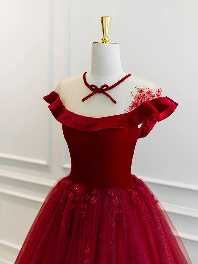 Burgundy Round Neck Tulle Lace Long Prom Dress Burgundy Evening Dress