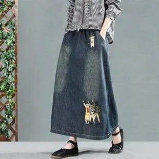 Cartoon Embroidered Denim Skirt