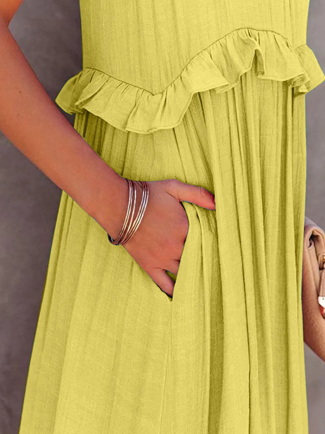 Casual Boho Ruffled Short Sleeveless Maxi Dress with Pockets New Women's Fashion Long Summer Dress