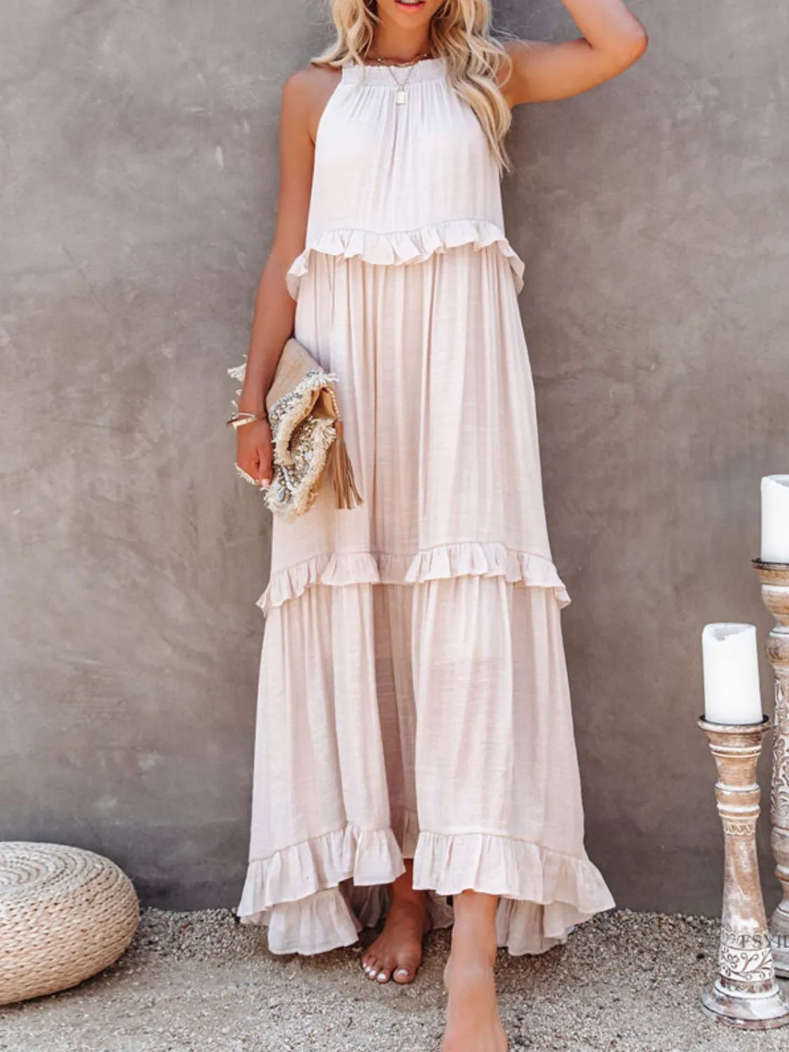 Casual Boho Ruffled Short Sleeveless Maxi Dress with Pockets New Women's Fashion Long Summer Dress