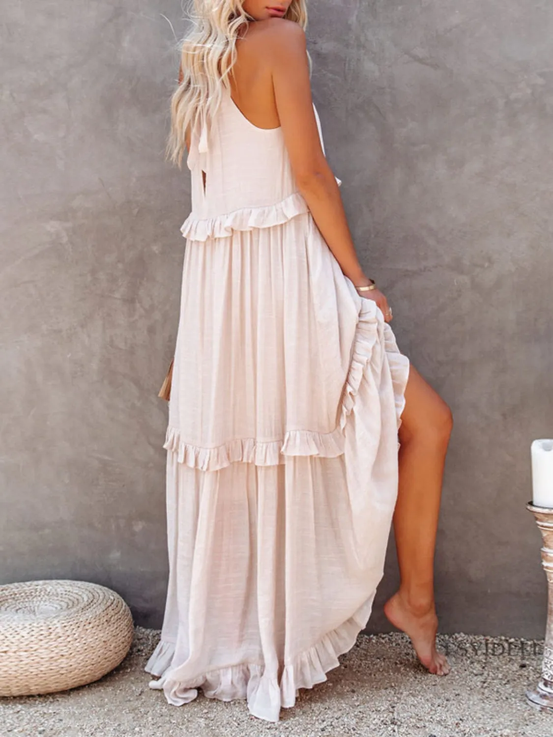 Casual Boho Ruffled Short Sleeveless Maxi Dress with Pockets New Women's Fashion Long Summer Dress