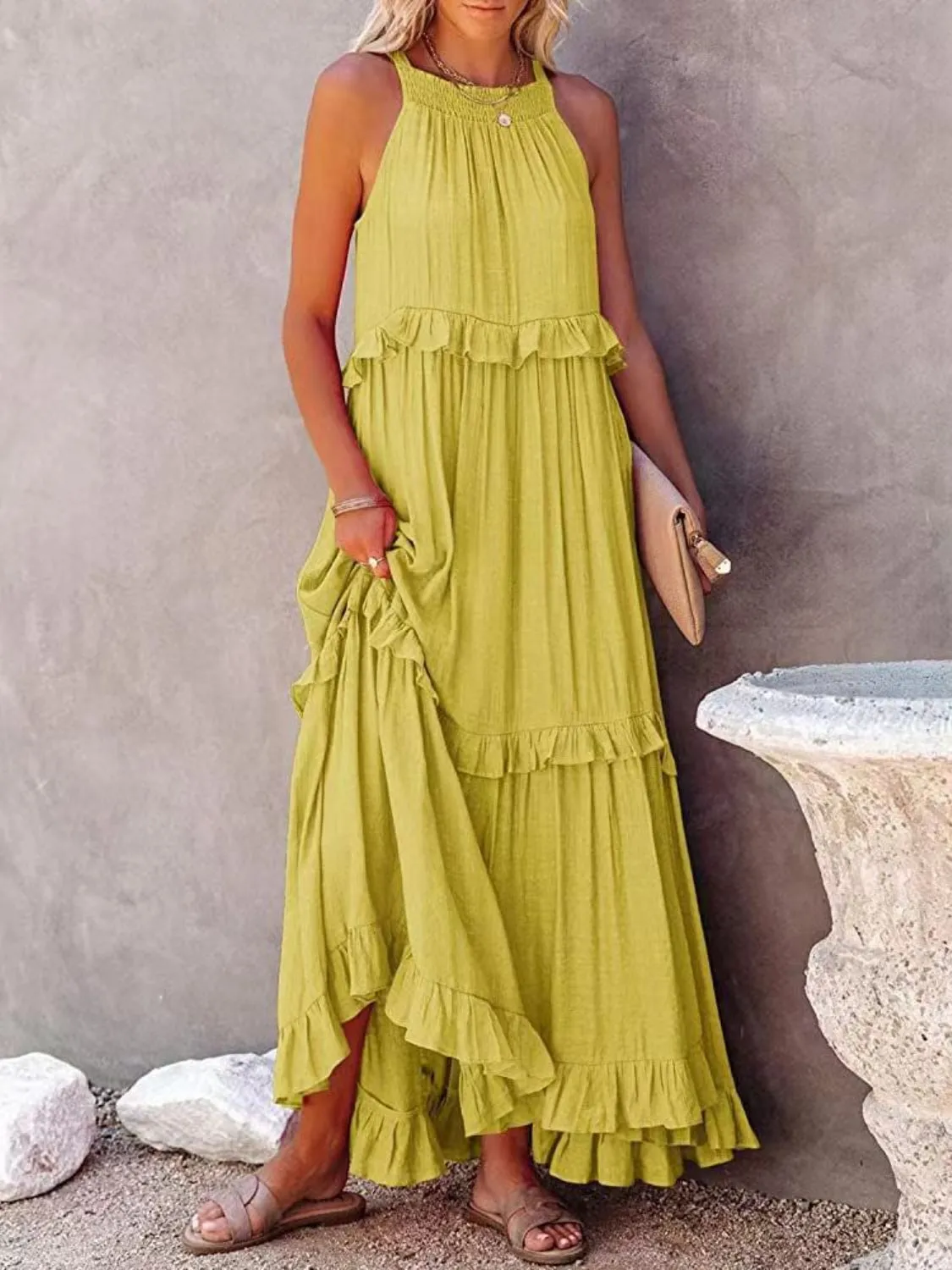 Casual Boho Ruffled Short Sleeveless Maxi Dress with Pockets New Women's Fashion Long Summer Dress