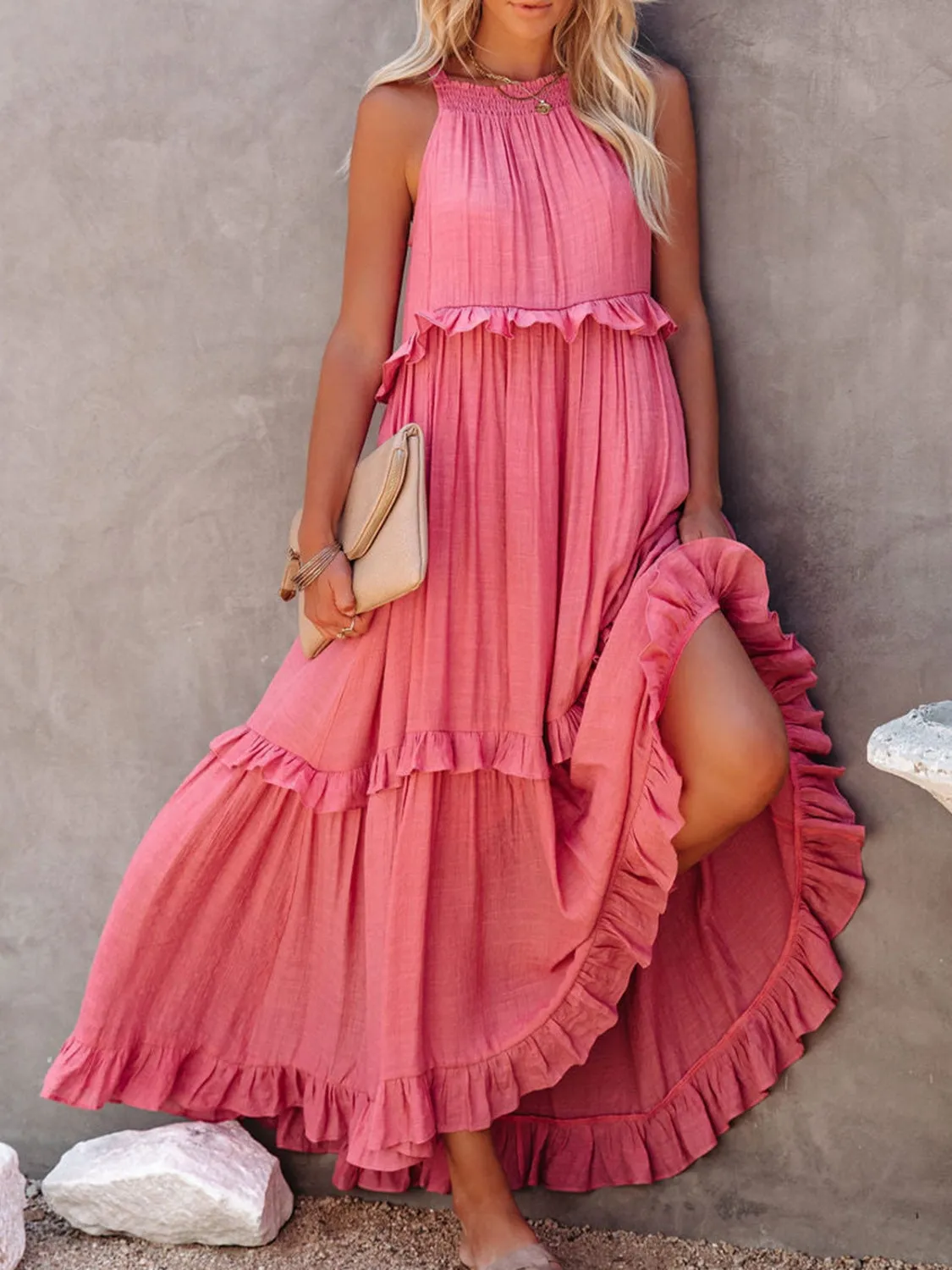 Casual Boho Ruffled Short Sleeveless Maxi Dress with Pockets New Women's Fashion Long Summer Dress