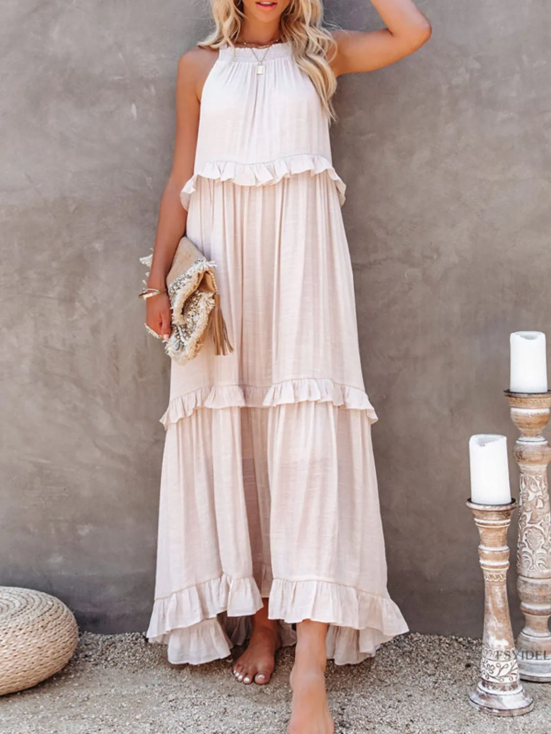 Casual Boho Ruffled Short Sleeveless Maxi Dress with Pockets New Women's Fashion Long Summer Dress