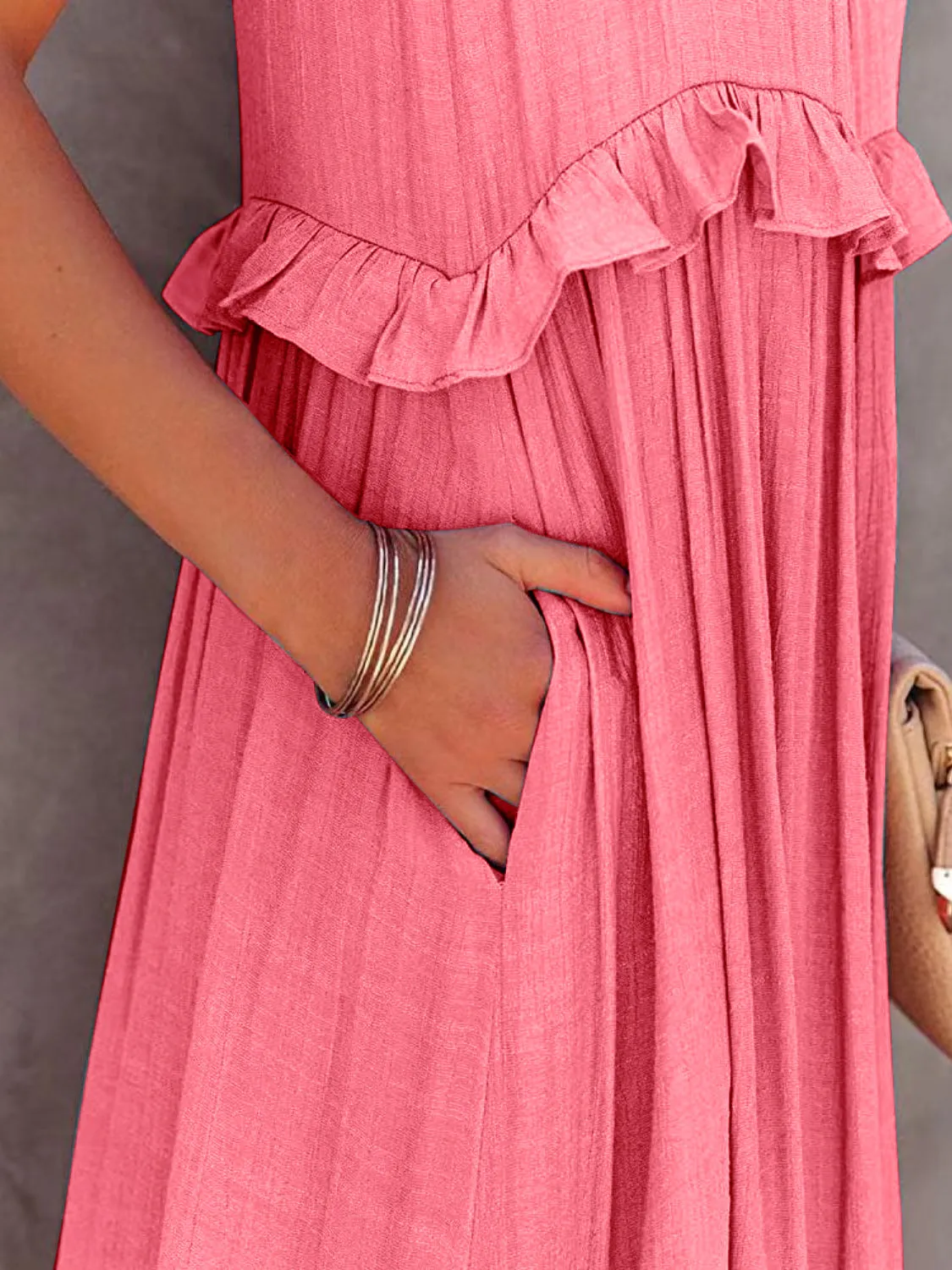 Casual Boho Ruffled Short Sleeveless Maxi Dress with Pockets New Women's Fashion Long Summer Dress