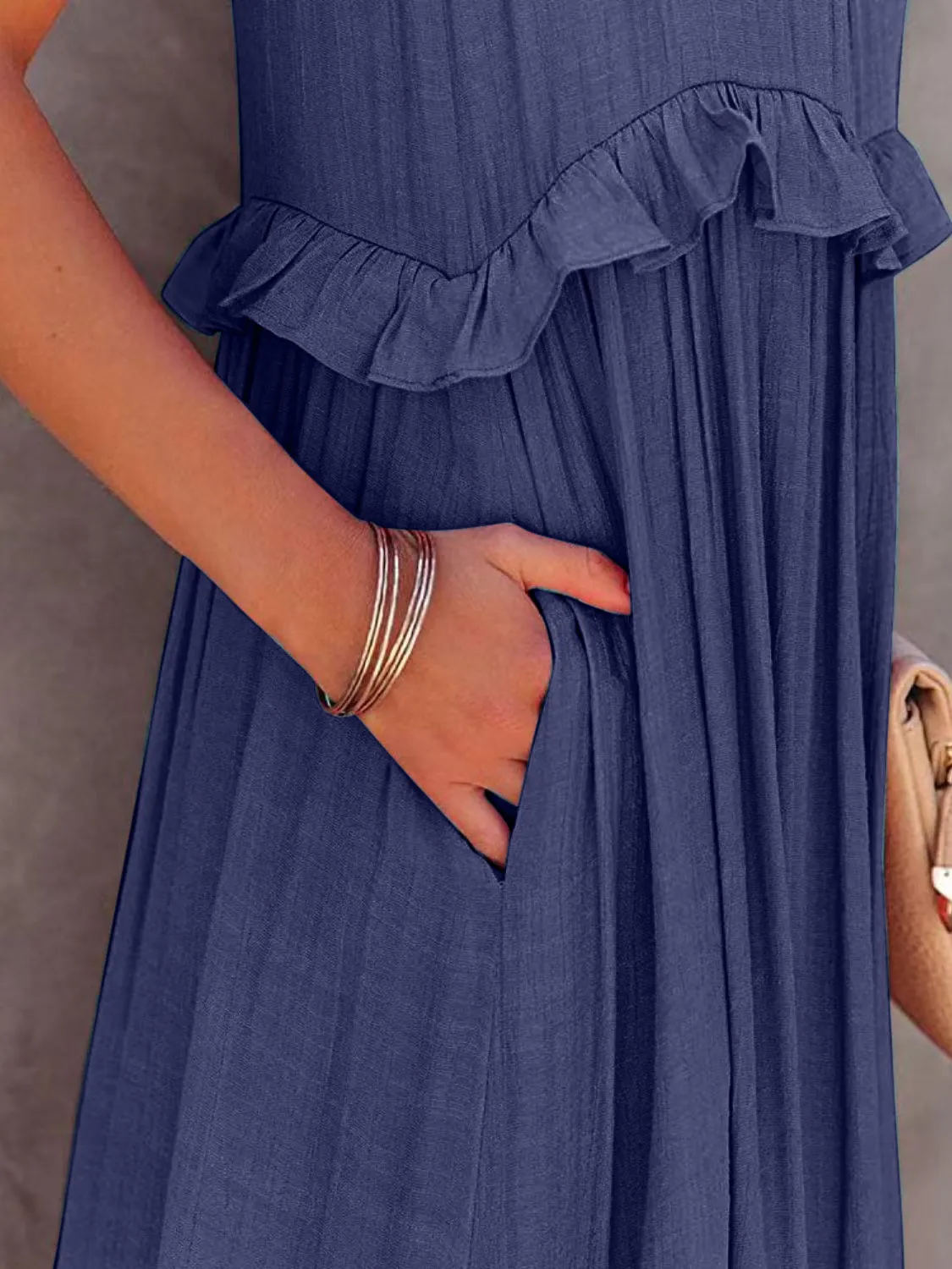 Casual Boho Ruffled Short Sleeveless Maxi Dress with Pockets New Women's Fashion Long Summer Dress