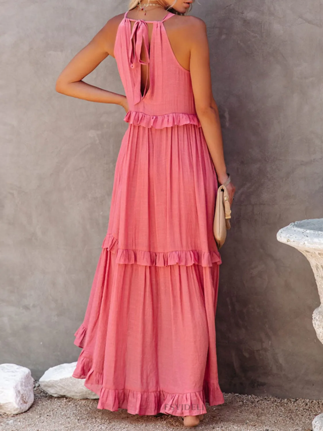 Casual Boho Ruffled Short Sleeveless Maxi Dress with Pockets New Women's Fashion Long Summer Dress