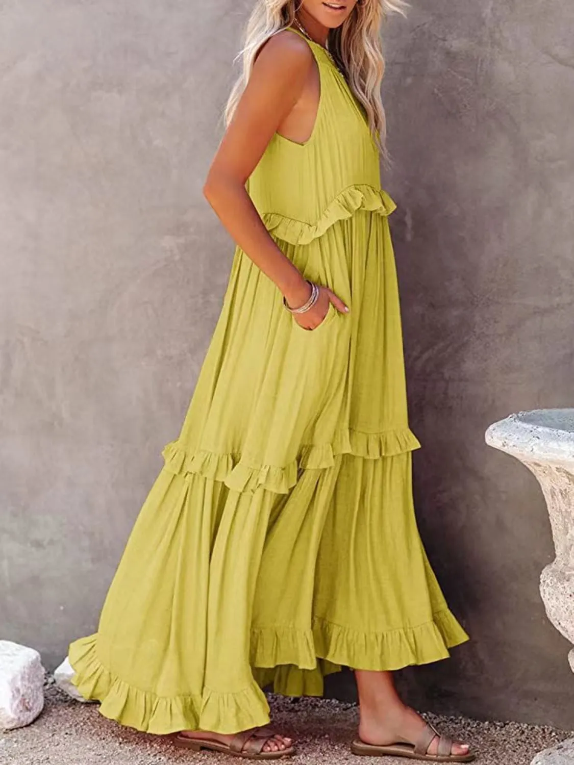 Casual Boho Ruffled Short Sleeveless Maxi Dress with Pockets New Women's Fashion Long Summer Dress