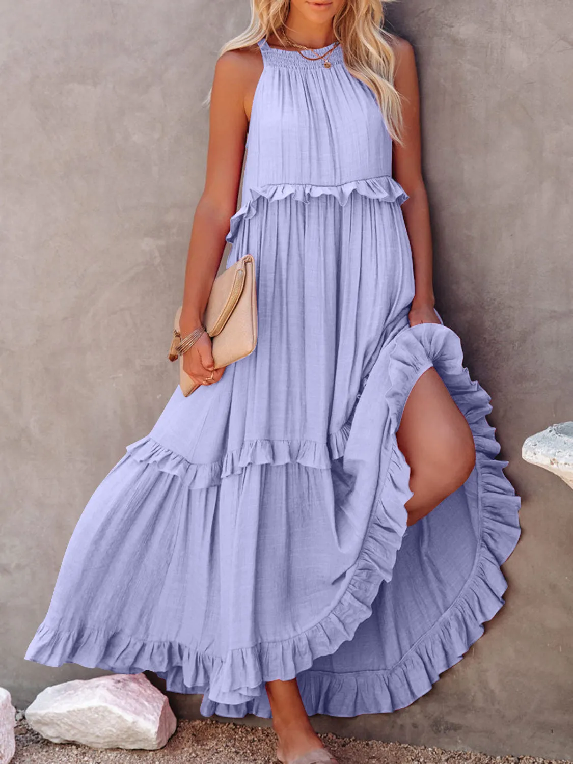 Casual Boho Ruffled Short Sleeveless Maxi Dress with Pockets New Women's Fashion Long Summer Dress