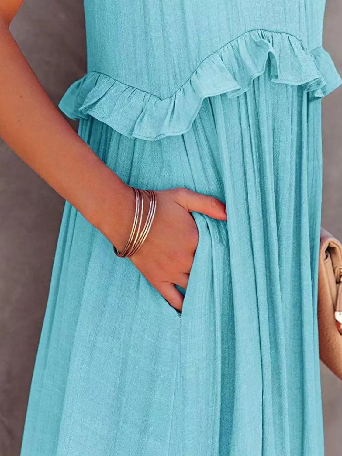 Casual Boho Ruffled Short Sleeveless Maxi Dress with Pockets New Women's Fashion Long Summer Dress