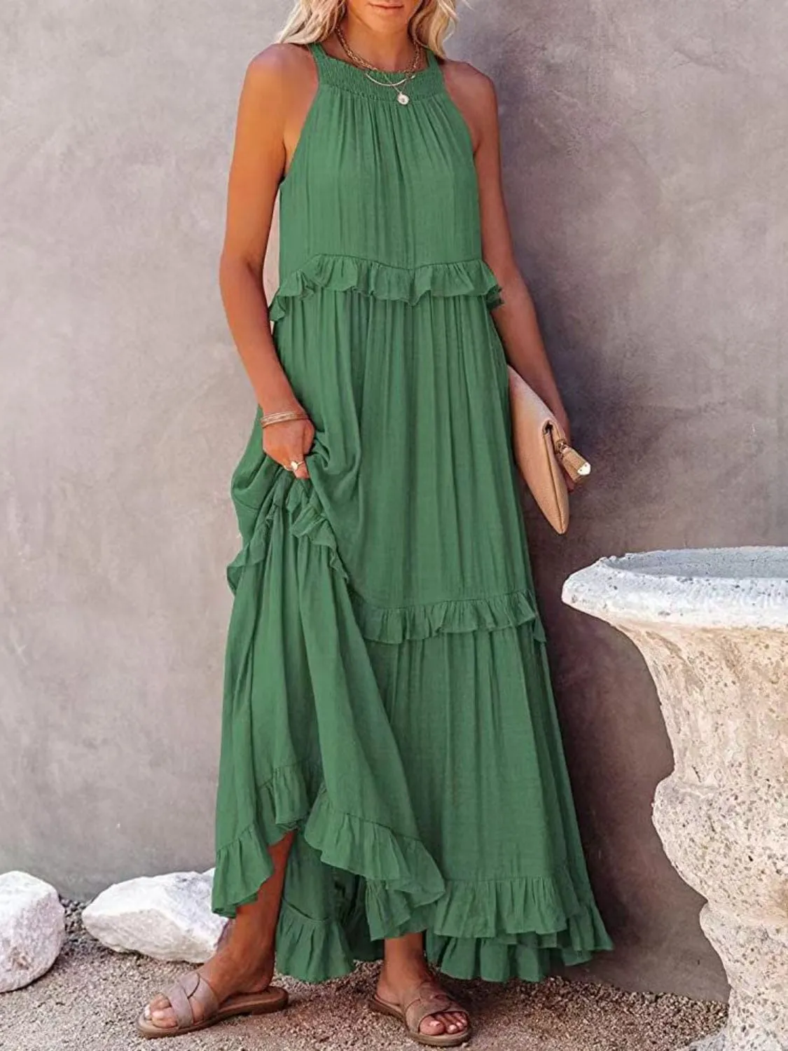 Casual Boho Ruffled Short Sleeveless Maxi Dress with Pockets New Women's Fashion Long Summer Dress