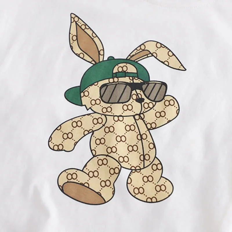 Cotton Cartoon Sunglass Rabbit T-Shirts and Shorts Sets