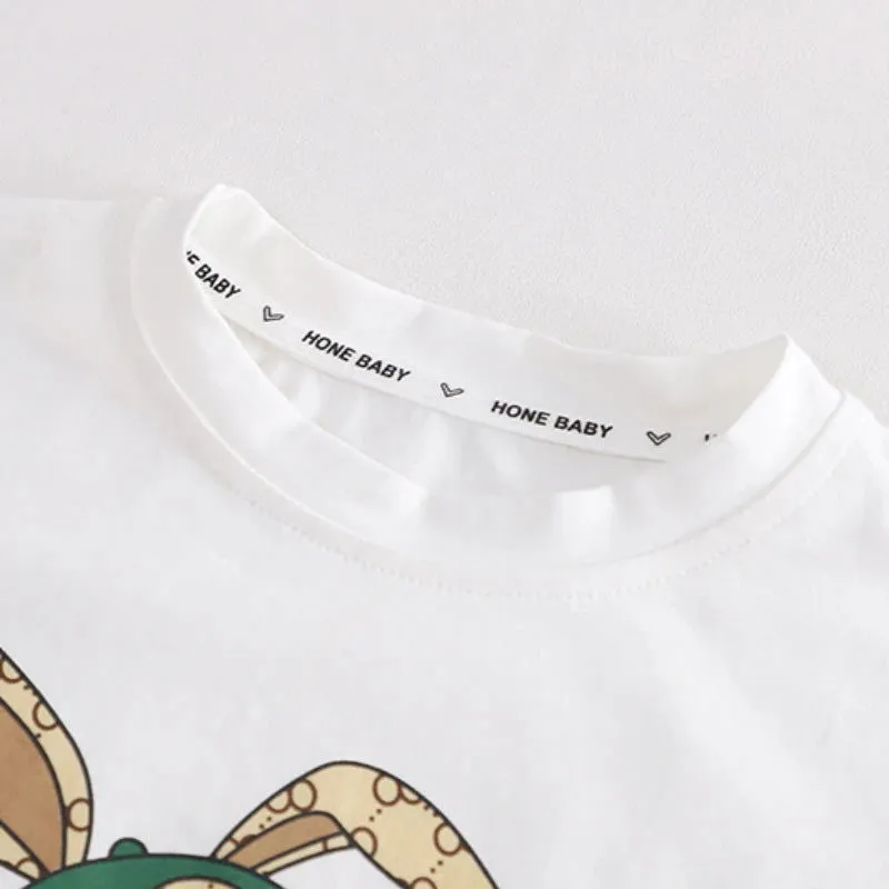 Cotton Cartoon Sunglass Rabbit T-Shirts and Shorts Sets