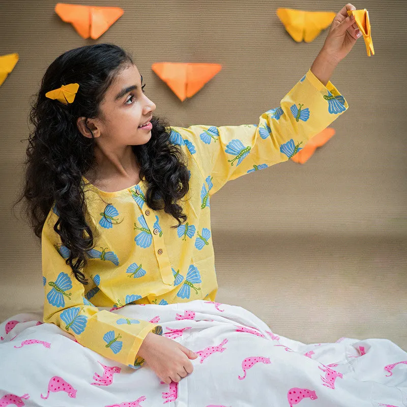 Cotton Kurta Set | Sleepwear | Unisex | Printed | Light Yellow