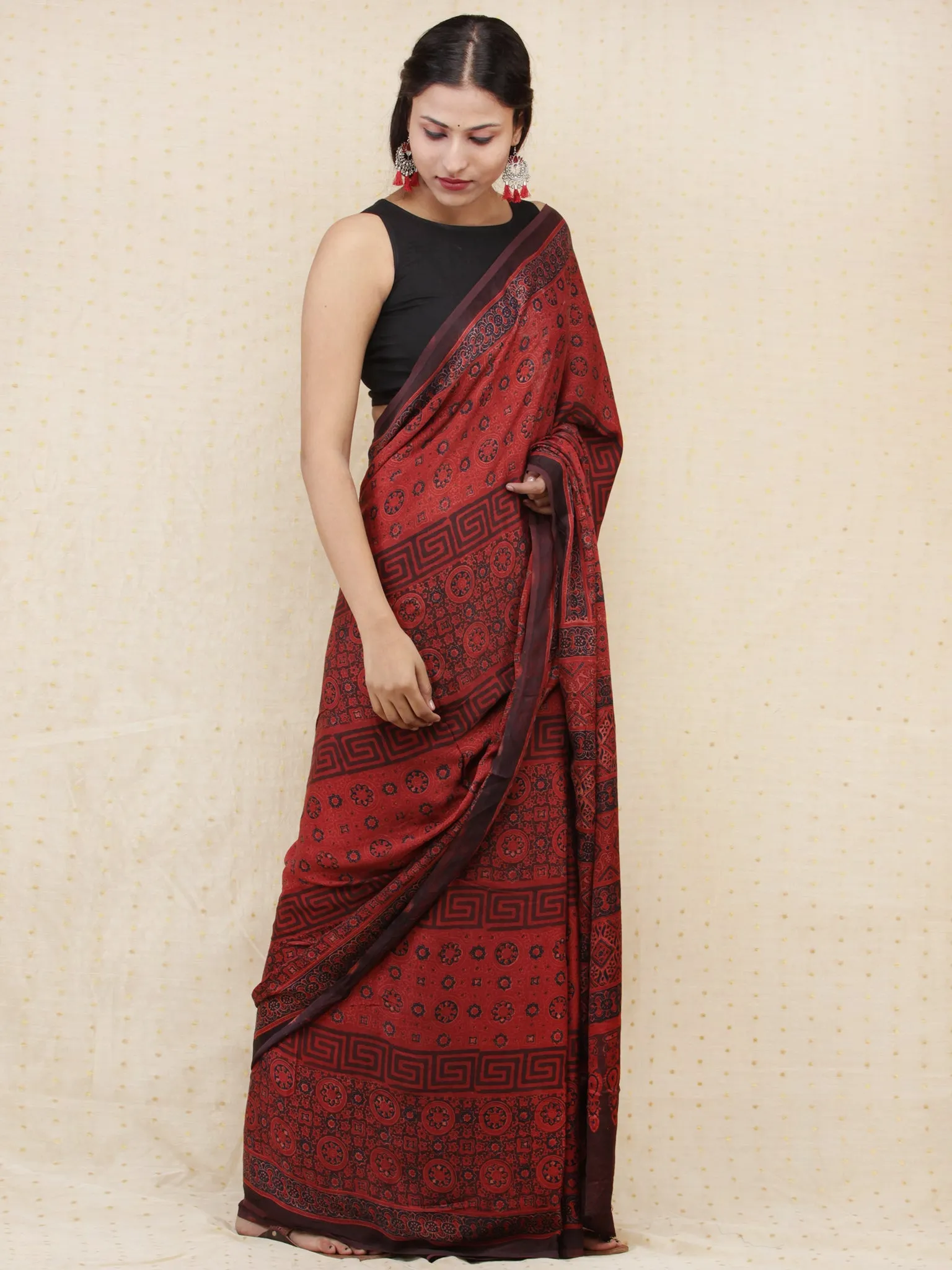 Crimson Red Black Indigo Ajrakh Hand Block Printed Modal Silk Saree - S031704153