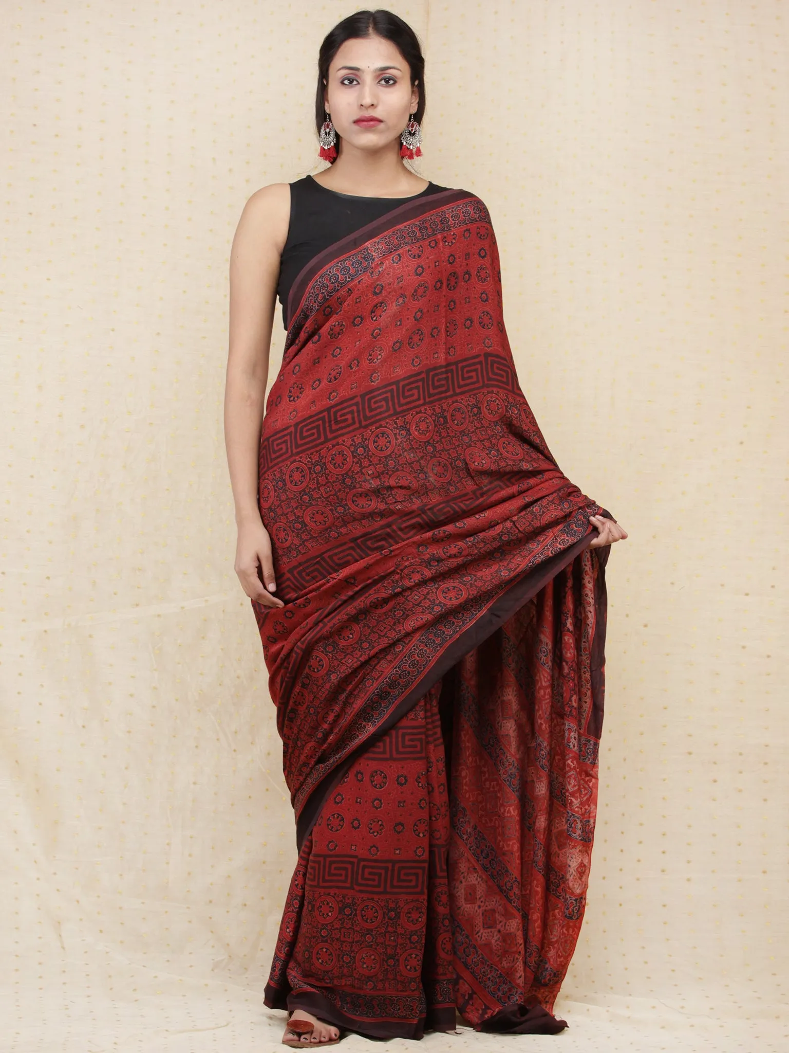 Crimson Red Black Indigo Ajrakh Hand Block Printed Modal Silk Saree - S031704153