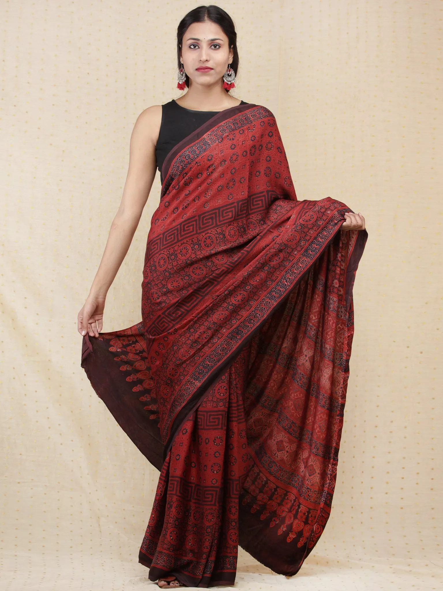 Crimson Red Black Indigo Ajrakh Hand Block Printed Modal Silk Saree - S031704153