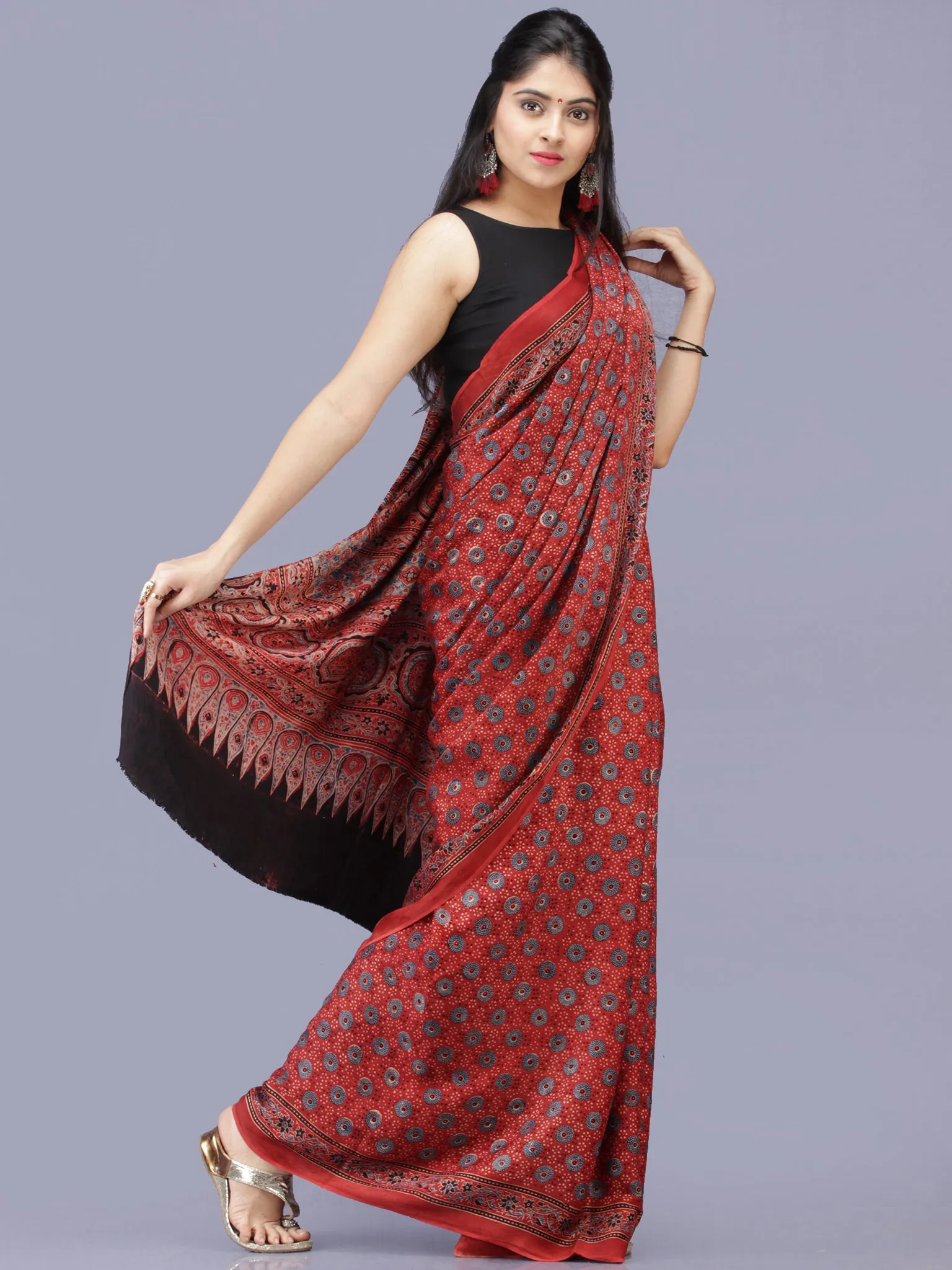 Crimson Red Indigo Black Ajrakh Hand Block Printed Modal Silk Saree - S031704221