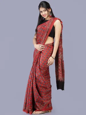 Crimson Red Indigo Black Ajrakh Hand Block Printed Modal Silk Saree - S031704221