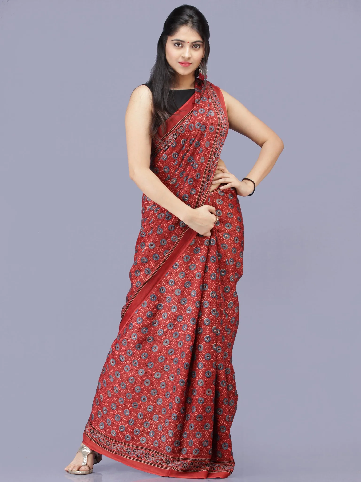 Crimson Red Indigo Black Ajrakh Hand Block Printed Modal Silk Saree - S031704221