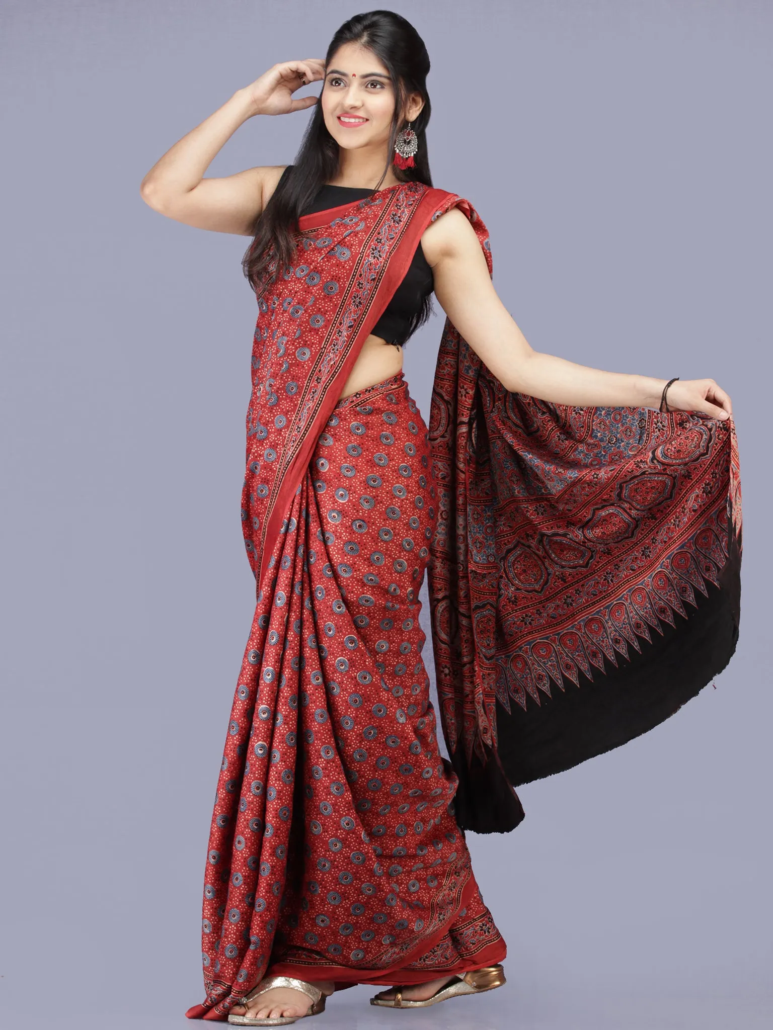 Crimson Red Indigo Black Ajrakh Hand Block Printed Modal Silk Saree - S031704221