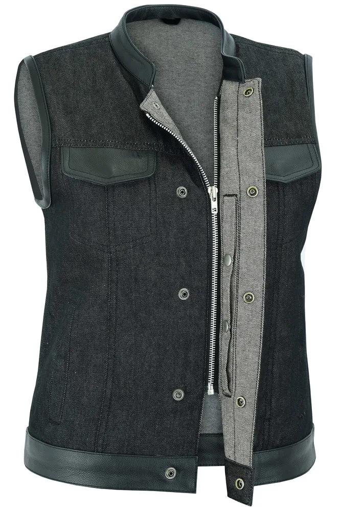 DM963 Women's Rough Rub-Off Raw Finish Denim Vest W/Leather Trim