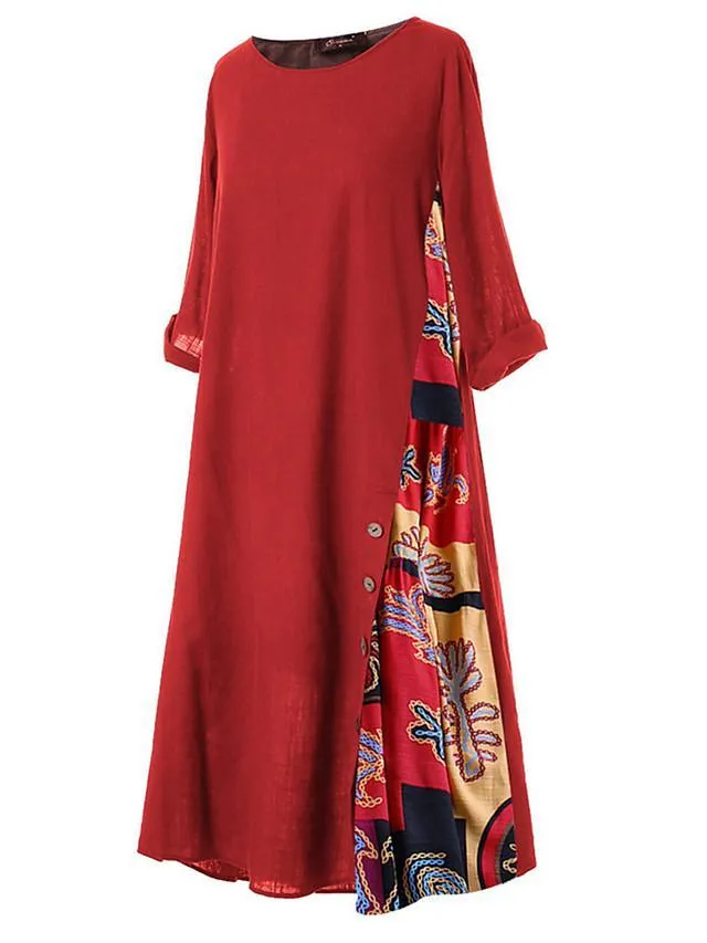 Dunnmall Women's Swing Dress Maxi long Dress - 3/4 Length Sleeve Print Print Spring & Summer Hot Casual Holiday vacation dresses Loose 2020 Red Yellow Wine Army Green Navy Blue Gray L XL XXL 3XL 4XL 5XL