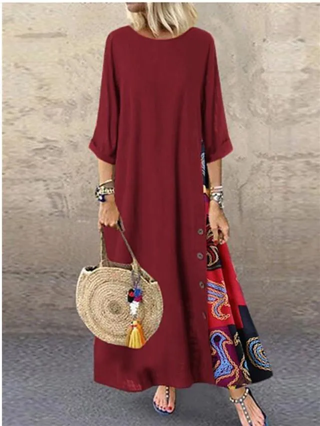 Dunnmall Women's Swing Dress Maxi long Dress - 3/4 Length Sleeve Print Print Spring & Summer Hot Casual Holiday vacation dresses Loose 2020 Red Yellow Wine Army Green Navy Blue Gray L XL XXL 3XL 4XL 5XL