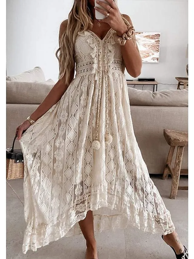 Dunnmall Women's Swing Dress Maxi Long Dress White Beige Sleeveless Solid Color Embroidered Lace Spring Summer V Neck Casual Boho Beach Lace 2021 S M L XL XXL