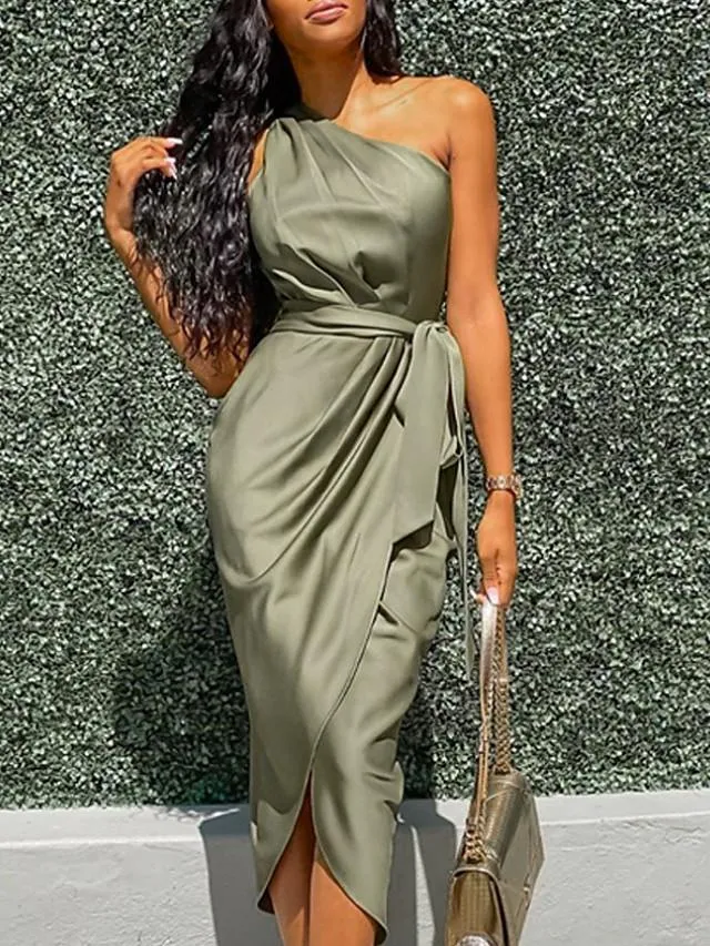 Dunnmall Women's Wrap Dress Midi Dress Sleeveless Solid Color Spring & Summer Hot Sexy Army Green S M L XL