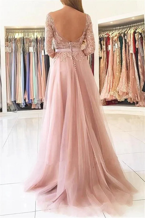 Elegant Half-Sleeve Split Lace Long Evening Dress Prom Dresses PG429