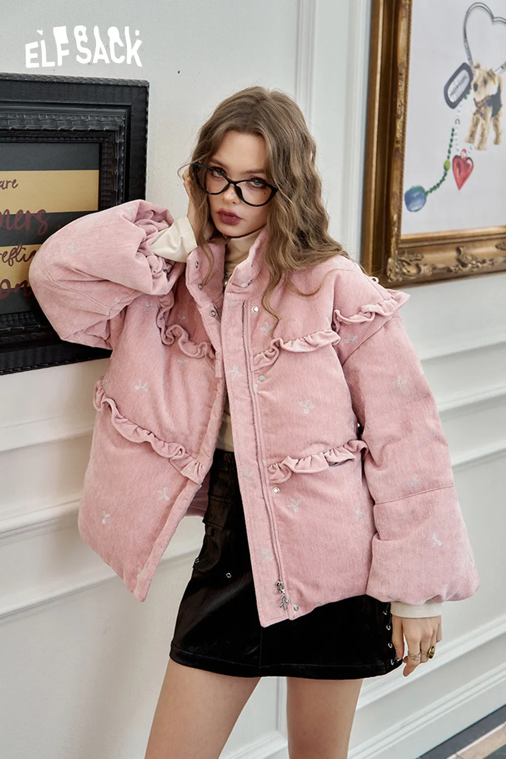 ELFSACK 2024 Winter New Arrivals Bow embroidery down jacket for women, sweet and cute warm velvet cloth thick warm coat