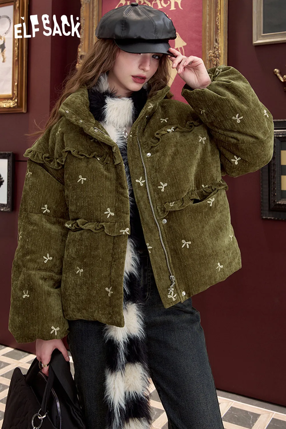 ELFSACK 2024 Winter New Arrivals Bow embroidery down jacket for women, sweet and cute warm velvet cloth thick warm coat