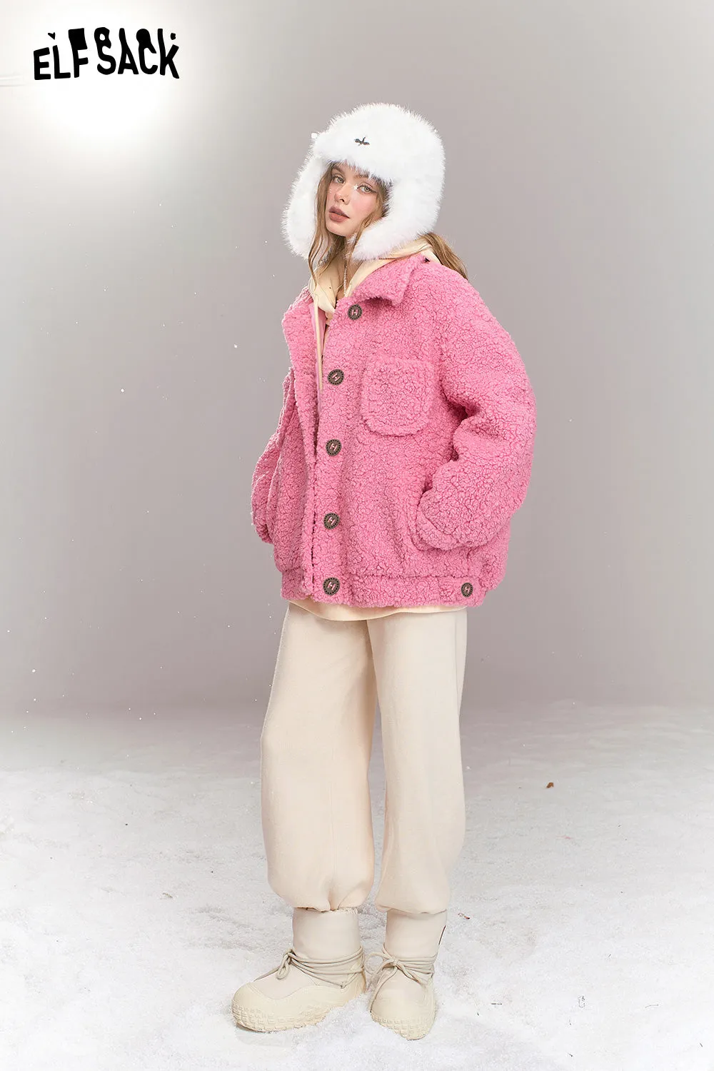 ELFSACK 2024 Winter New Arrivals Sweet khaki imitation plush short thick warm jacket