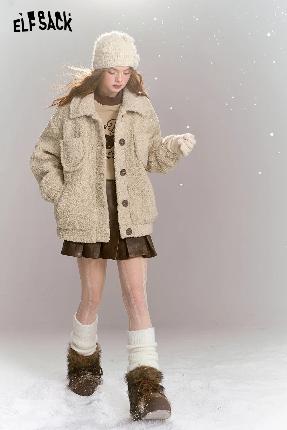 ELFSACK 2024 Winter New Arrivals Sweet khaki imitation plush short thick warm jacket